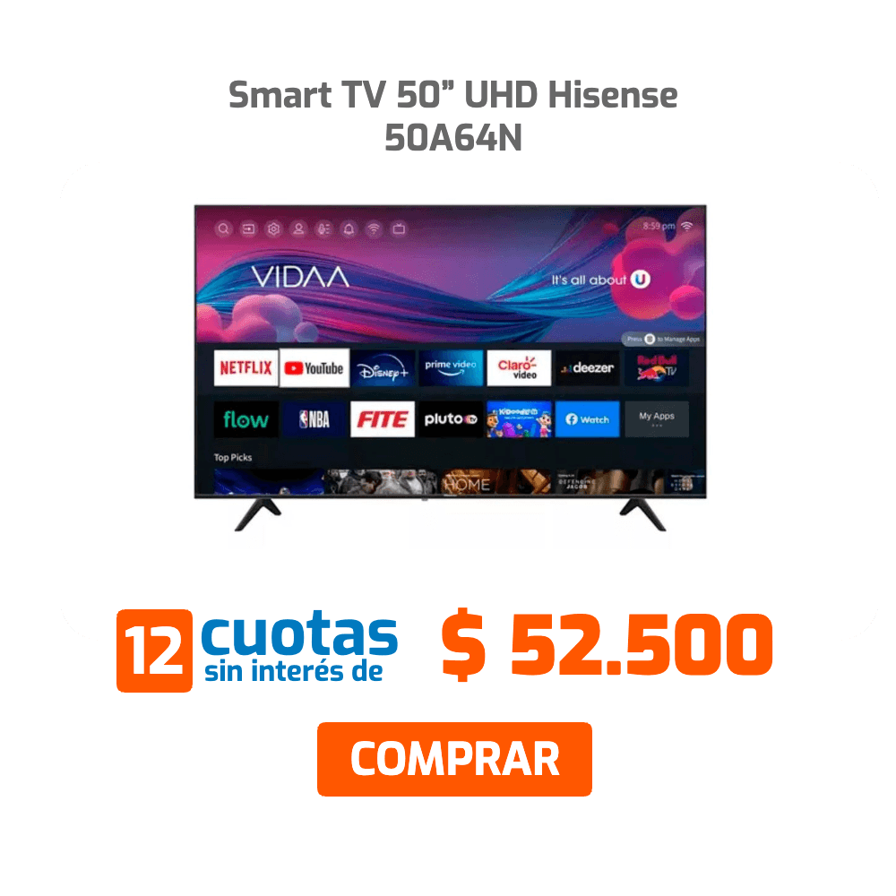 Smart TV 50” UHD Hisense 50A64N 12 cuotas sin interés de $52.500 COMPRAR